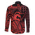 Koa Ikaika Warrior Helmet with Shark Family Matching Off The Shoulder Long Sleeve Dress and Hawaiian Shirt Red Kakau Style