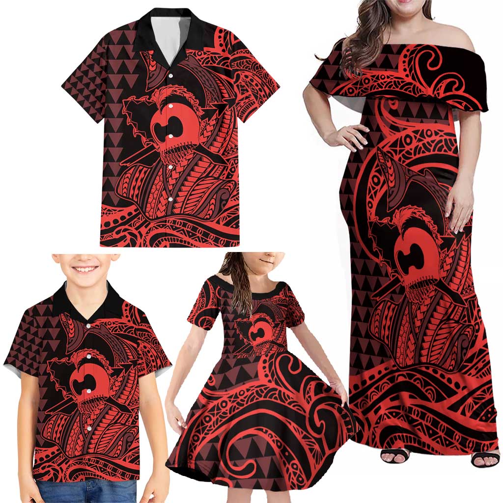 Koa Ikaika Warrior Helmet with Shark Family Matching Off Shoulder Maxi Dress and Hawaiian Shirt Red Kakau Style