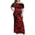 Koa Ikaika Warrior Helmet with Shark Family Matching Off Shoulder Maxi Dress and Hawaiian Shirt Red Kakau Style