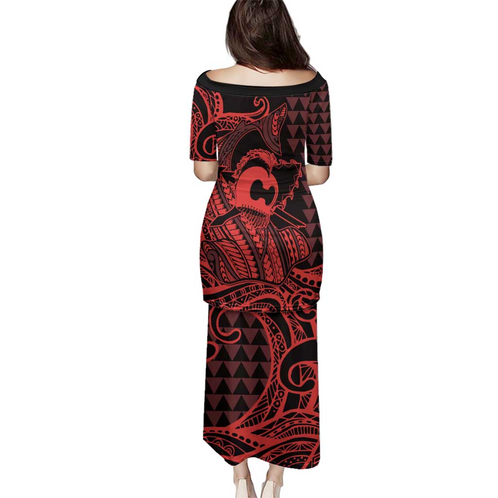 Koa Ikaika Warrior Helmet with Shark Family Matching Puletasi and Hawaiian Shirt Red Kakau Style