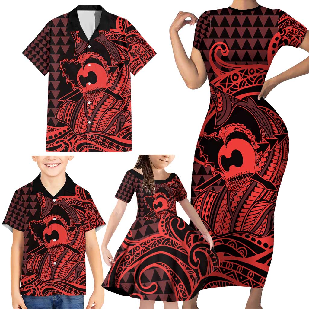 Koa Ikaika Warrior Helmet with Shark Family Matching Short Sleeve Bodycon Dress and Hawaiian Shirt Red Kakau Style