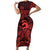 Koa Ikaika Warrior Helmet with Shark Family Matching Short Sleeve Bodycon Dress and Hawaiian Shirt Red Kakau Style