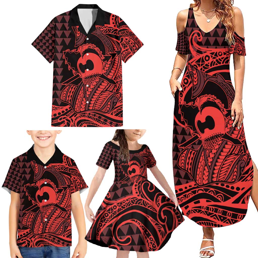 Koa Ikaika Warrior Helmet with Shark Family Matching Summer Maxi Dress and Hawaiian Shirt Red Kakau Style