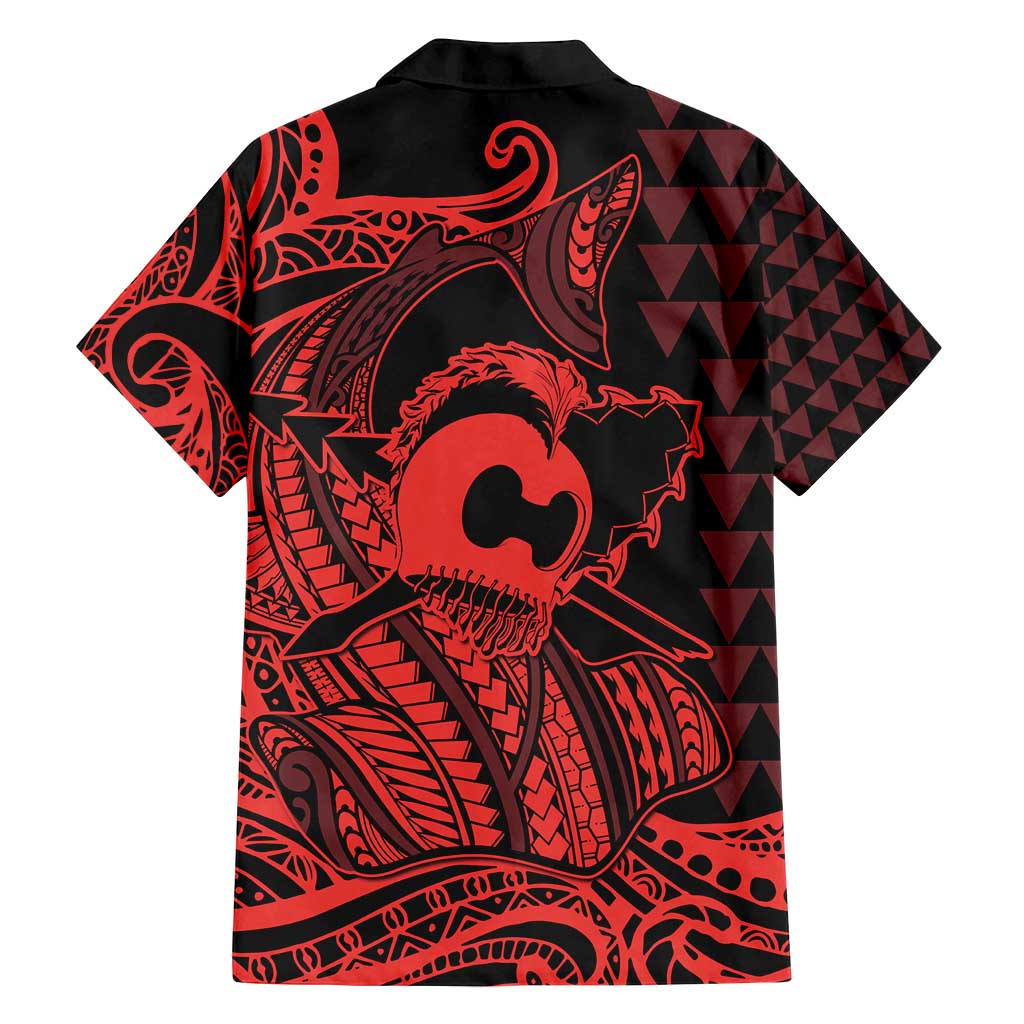 Koa Ikaika Warrior Helmet with Shark Family Matching Tank Maxi Dress and Hawaiian Shirt Red Kakau Style