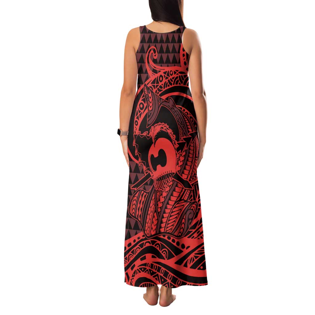 Koa Ikaika Warrior Helmet with Shark Family Matching Tank Maxi Dress and Hawaiian Shirt Red Kakau Style