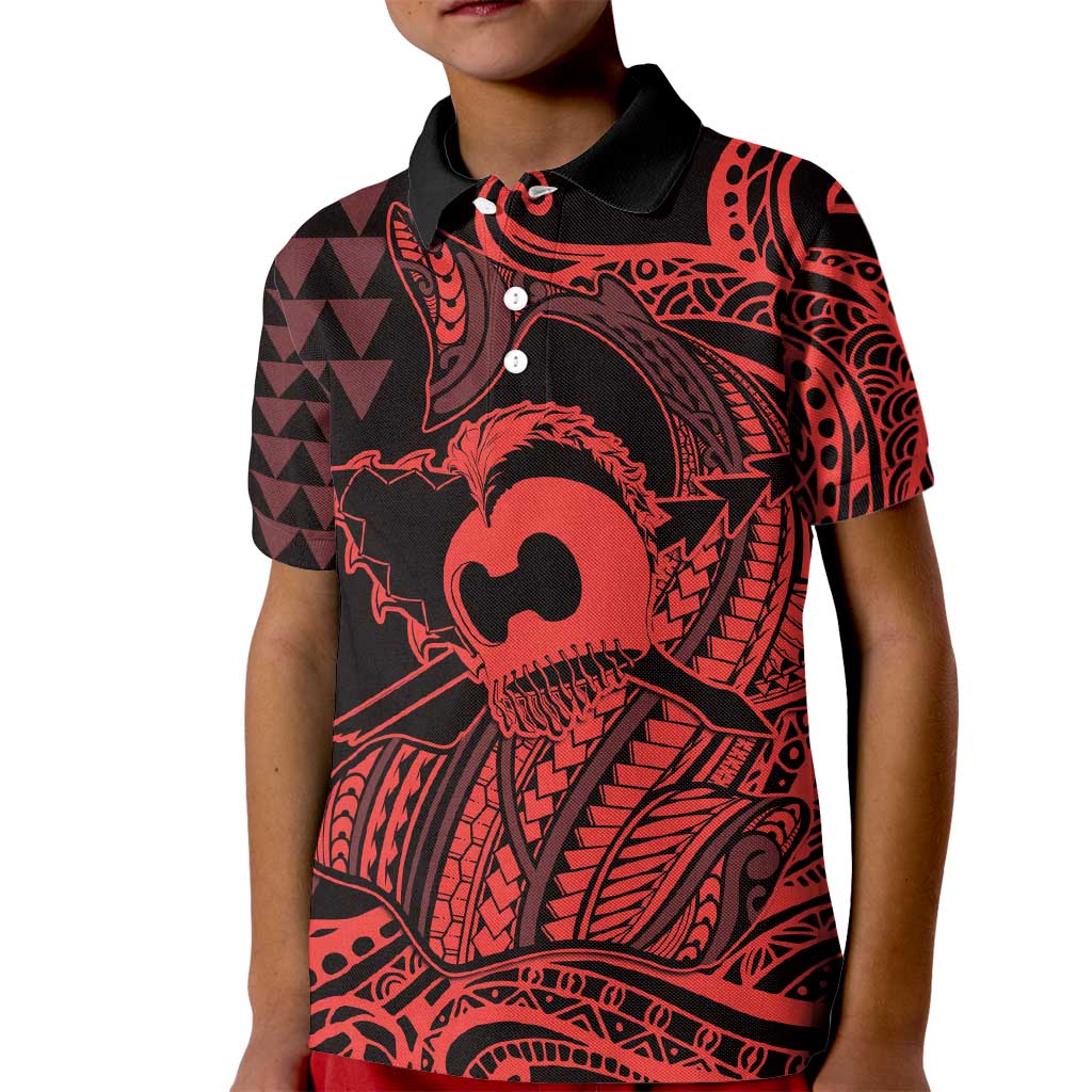 Koa Ikaika Warrior Helmet with Shark Kid Polo Shirt Red Kakau Style