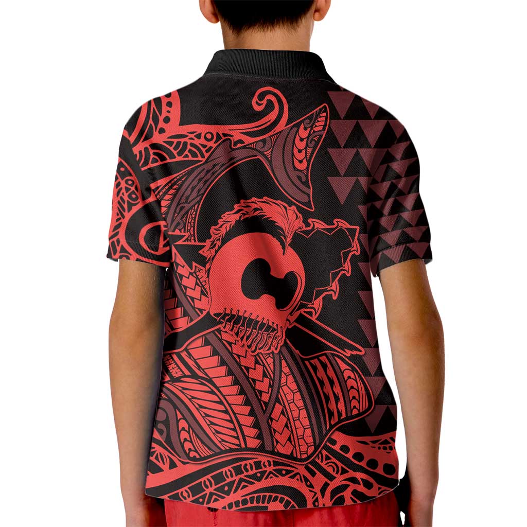 Koa Ikaika Warrior Helmet with Shark Kid Polo Shirt Red Kakau Style