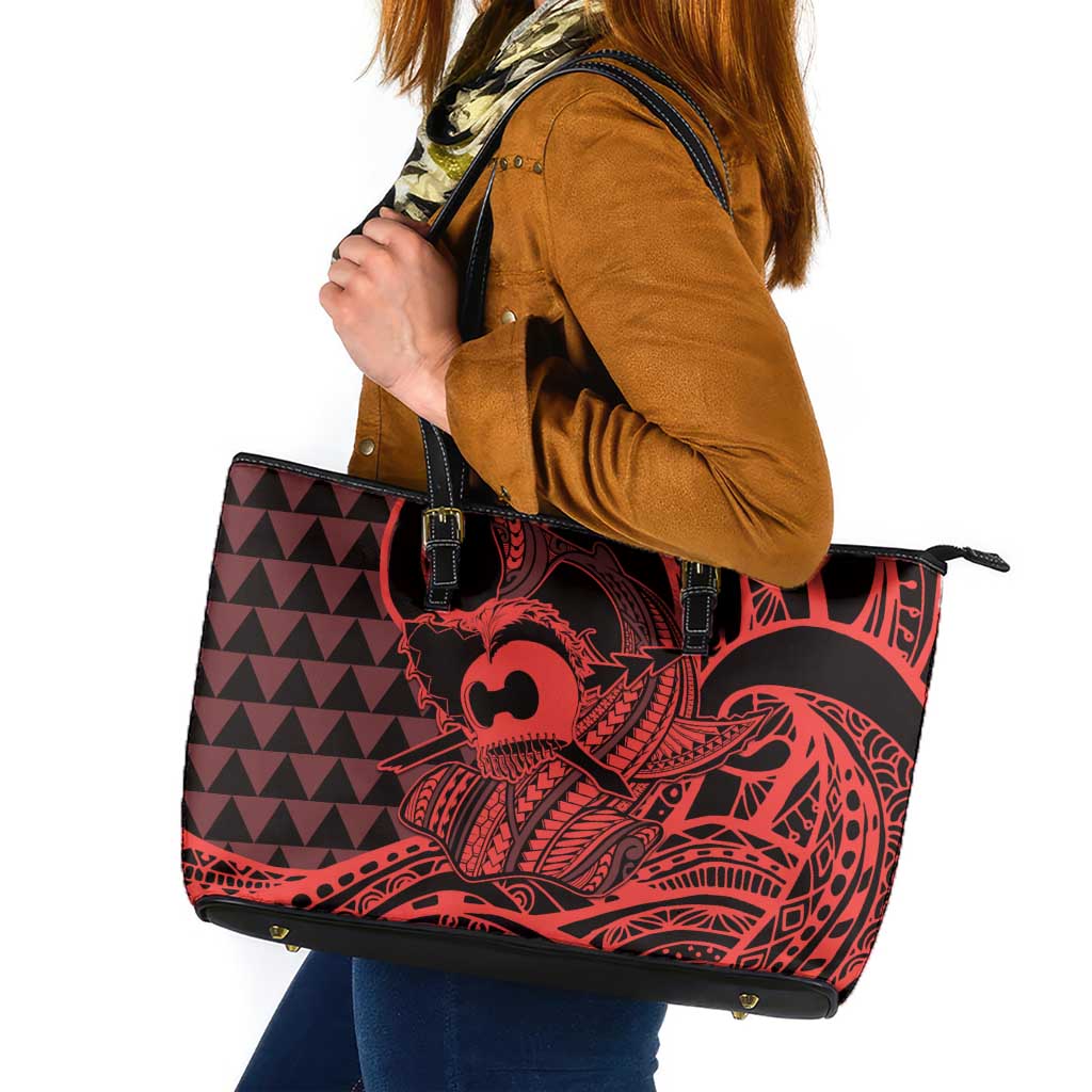 Koa Ikaika Warrior Helmet with Shark Leather Tote Bag Red Kakau Style