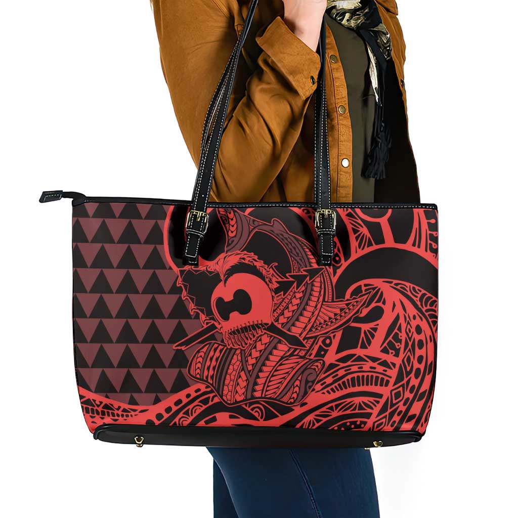 Koa Ikaika Warrior Helmet with Shark Leather Tote Bag Red Kakau Style LT9 - Polynesian Pride