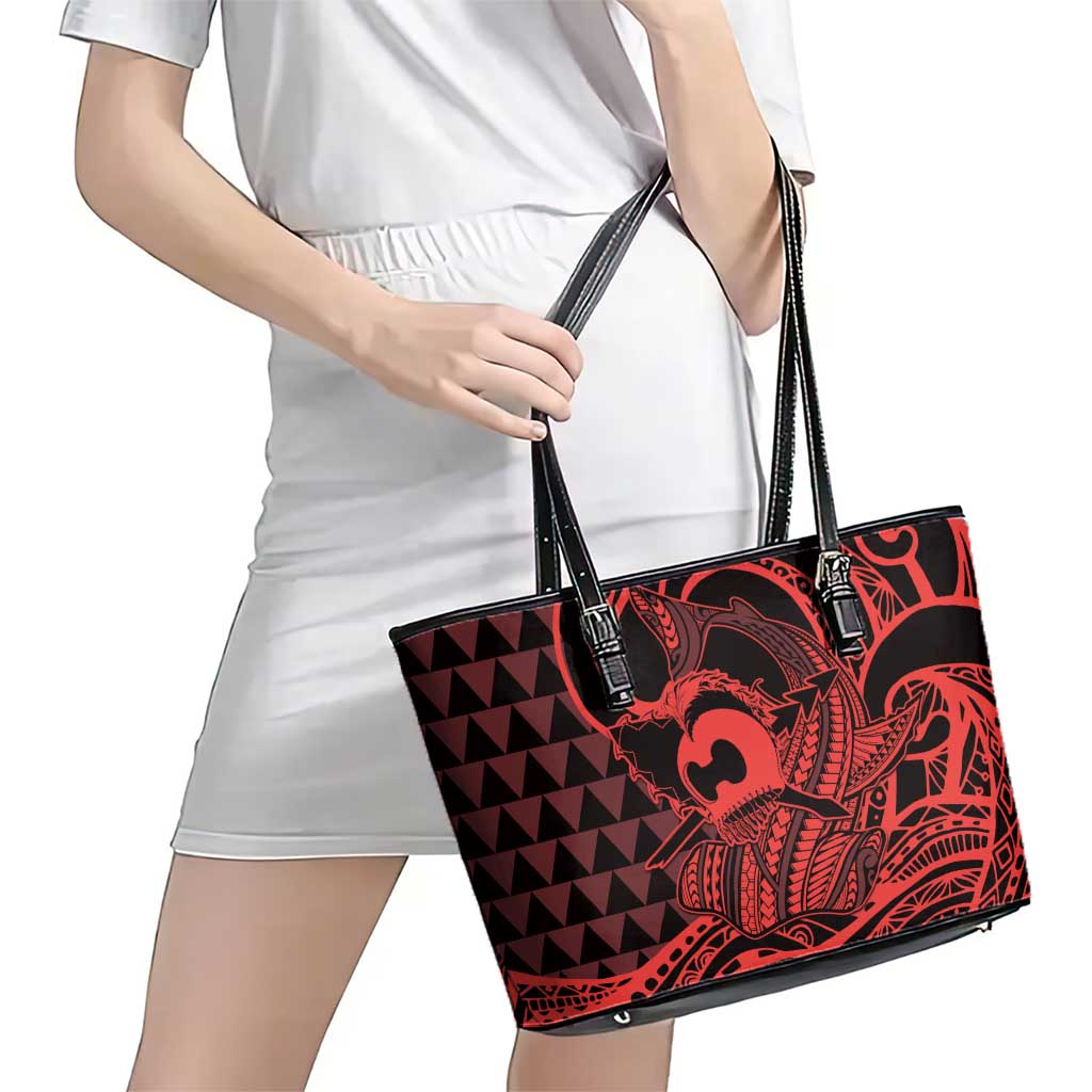 Koa Ikaika Warrior Helmet with Shark Leather Tote Bag Red Kakau Style LT9 - Polynesian Pride