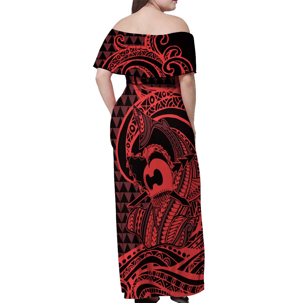 Koa Ikaika Warrior Helmet with Shark Off Shoulder Maxi Dress Red Kakau Style LT9 - Polynesian Pride
