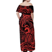 Koa Ikaika Warrior Helmet with Shark Off Shoulder Maxi Dress Red Kakau Style LT9 - Polynesian Pride