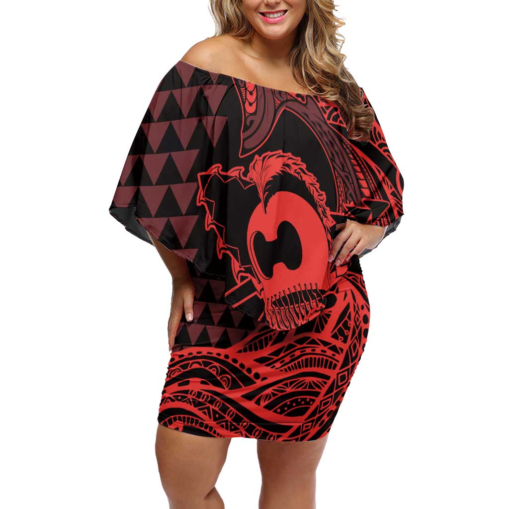 Koa Ikaika Warrior Helmet with Shark Off Shoulder Short Dress Red Kakau Style LT9 Women Red - Polynesian Pride