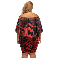 Koa Ikaika Warrior Helmet with Shark Off Shoulder Short Dress Red Kakau Style LT9 - Polynesian Pride