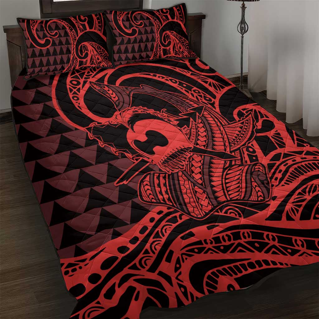 Koa Ikaika Warrior Helmet with Shark Quilt Bed Set Red Kakau Style