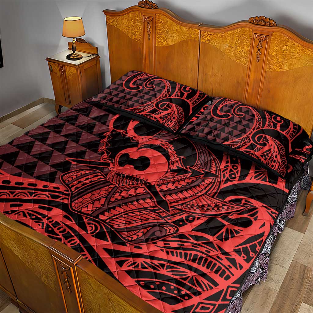 Koa Ikaika Warrior Helmet with Shark Quilt Bed Set Red Kakau Style LT9 - Polynesian Pride