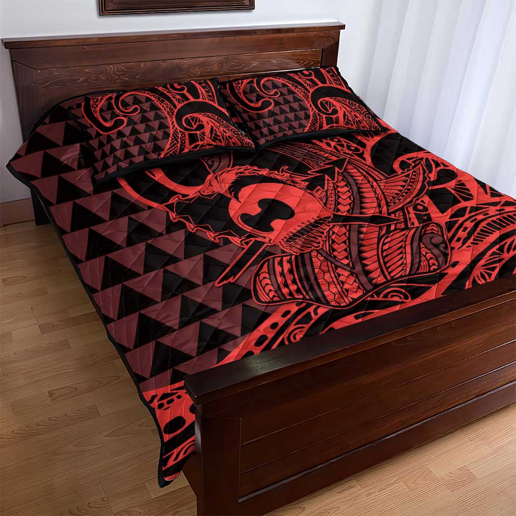 Koa Ikaika Warrior Helmet with Shark Quilt Bed Set Red Kakau Style LT9 - Polynesian Pride