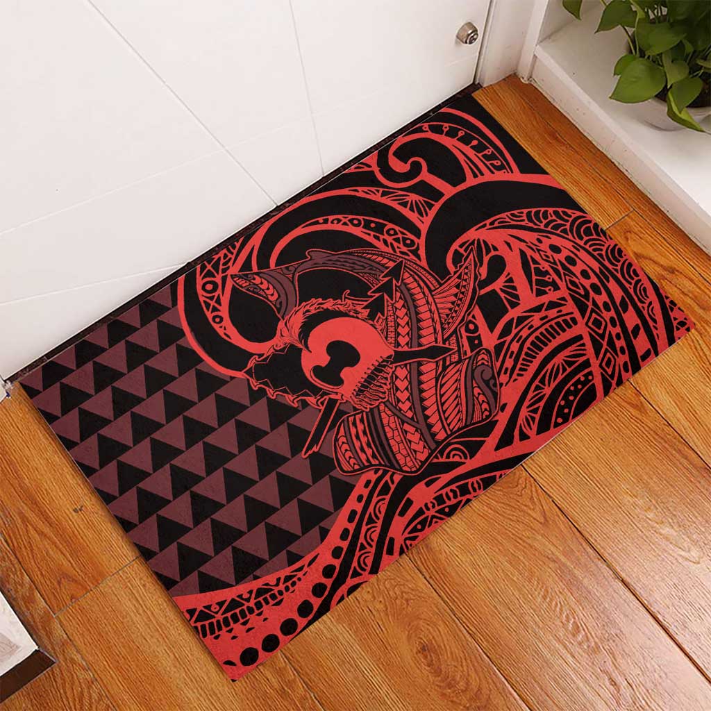 Koa Ikaika Warrior Helmet with Shark Rubber Doormat Red Kakau Style LT9 - Polynesian Pride