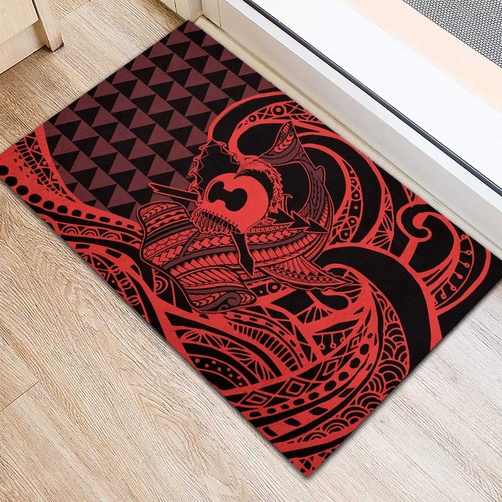 Koa Ikaika Warrior Helmet with Shark Rubber Doormat Red Kakau Style LT9 - Polynesian Pride