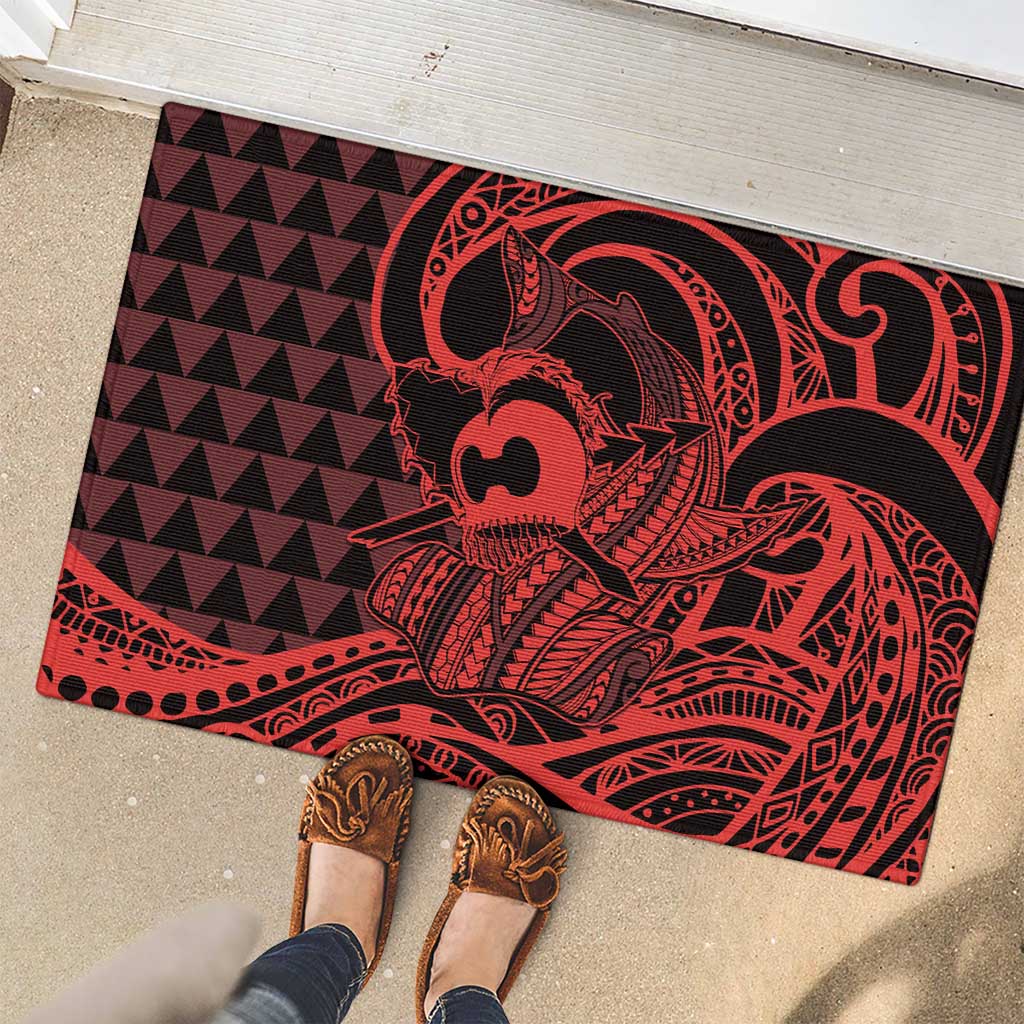 Koa Ikaika Warrior Helmet with Shark Rubber Doormat Red Kakau Style LT9 - Polynesian Pride
