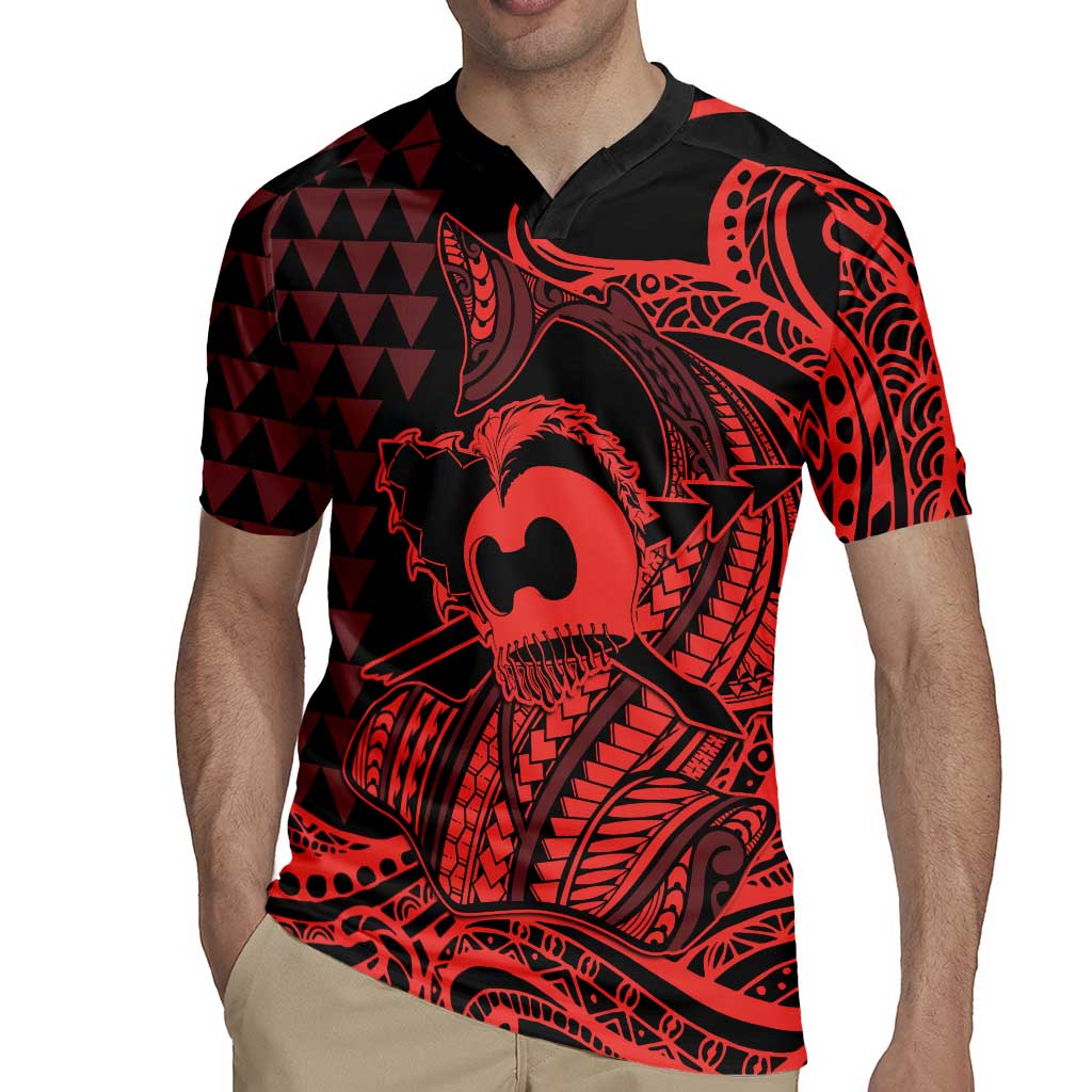 Koa Ikaika Warrior Helmet with Shark Rugby Jersey Red Kakau Style LT9 - Polynesian Pride
