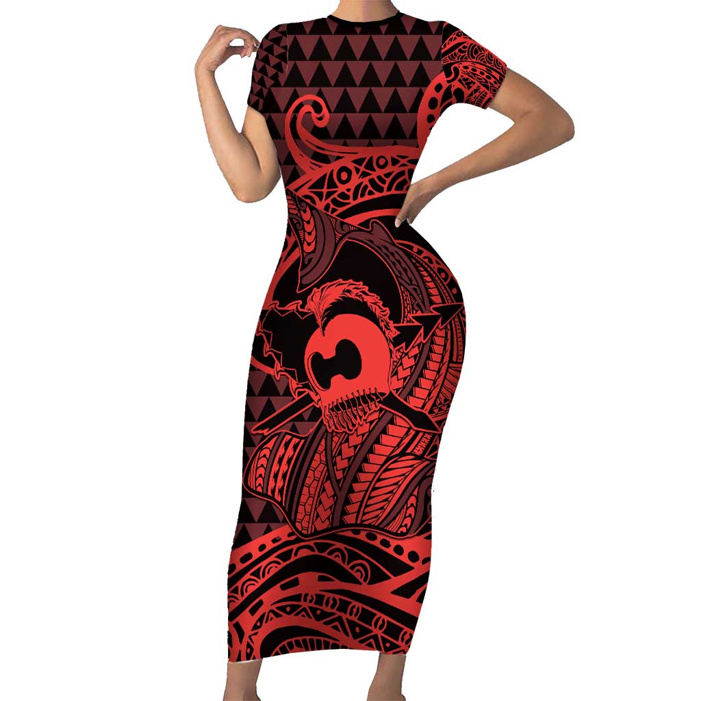 Koa Ikaika Warrior Helmet with Shark Short Sleeve Bodycon Dress Red Kakau Style