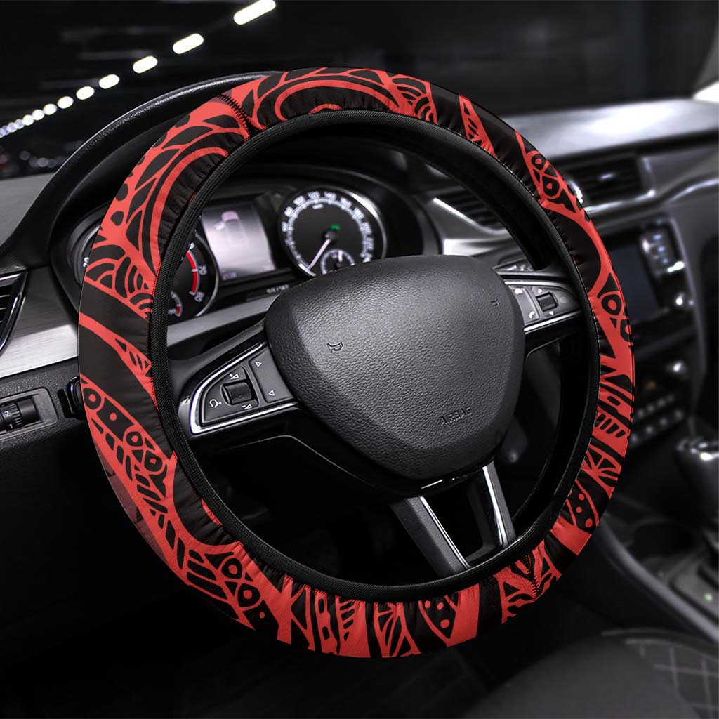 Koa Ikaika Warrior Helmet with Shark Steering Wheel Cover Red Kakau Style LT9 Universal Fit Red - Polynesian Pride