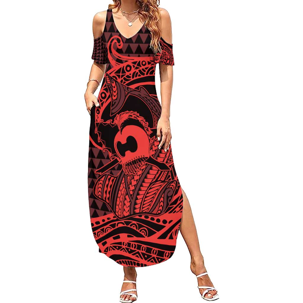 Koa Ikaika Warrior Helmet with Shark Summer Maxi Dress Red Kakau Style LT9 Women Red - Polynesian Pride