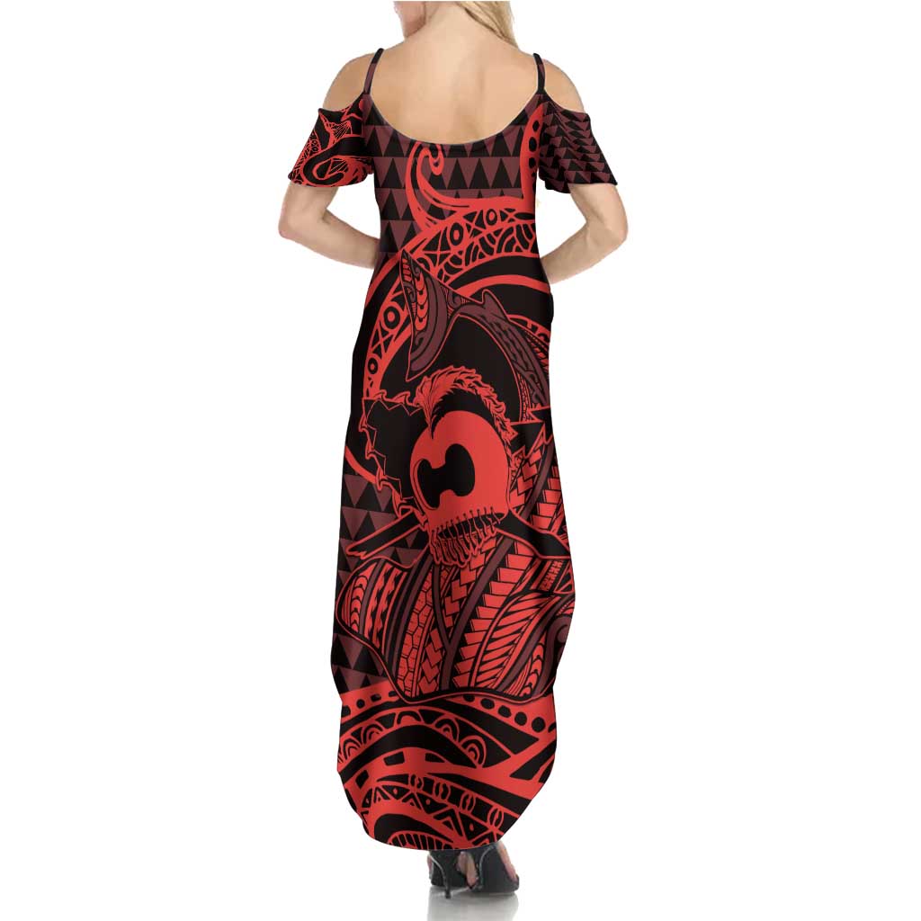 Koa Ikaika Warrior Helmet with Shark Summer Maxi Dress Red Kakau Style LT9 - Polynesian Pride