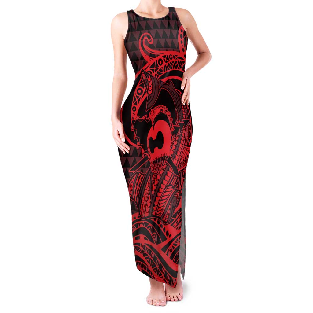 Koa Ikaika Warrior Helmet with Shark Tank Maxi Dress Red Kakau Style LT9 Women Red - Polynesian Pride