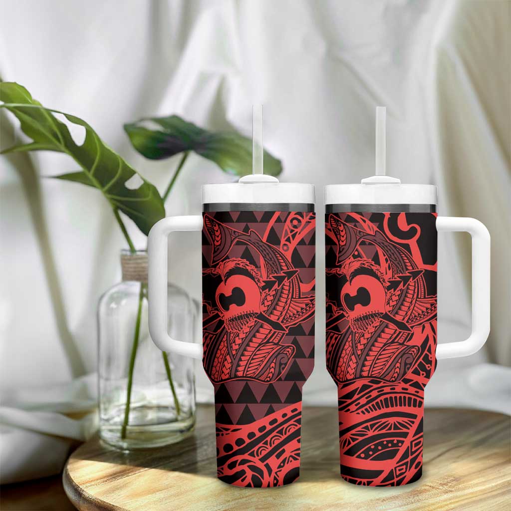 Koa Ikaika Warrior Helmet with Shark Tumbler With Handle Red Kakau Style