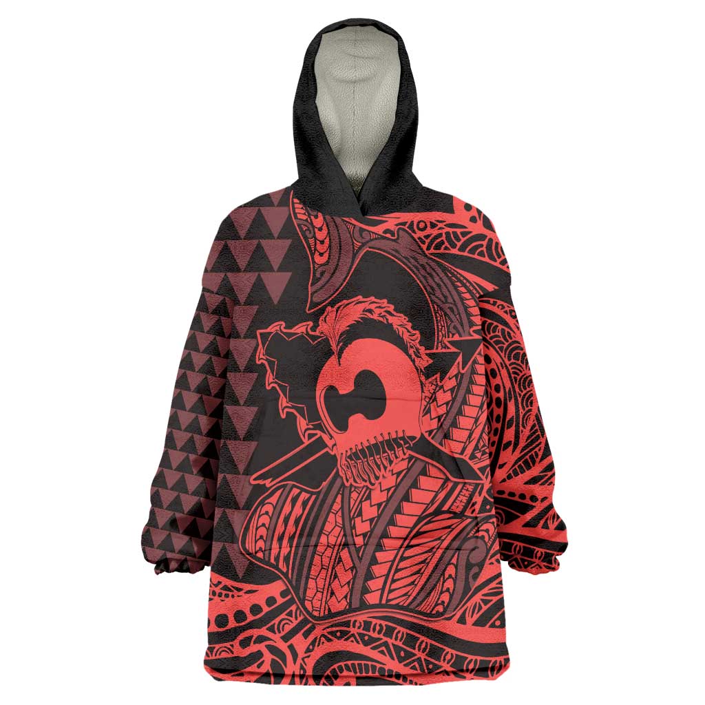 Koa Ikaika Warrior Helmet with Shark Wearable Blanket Hoodie Red Kakau Style