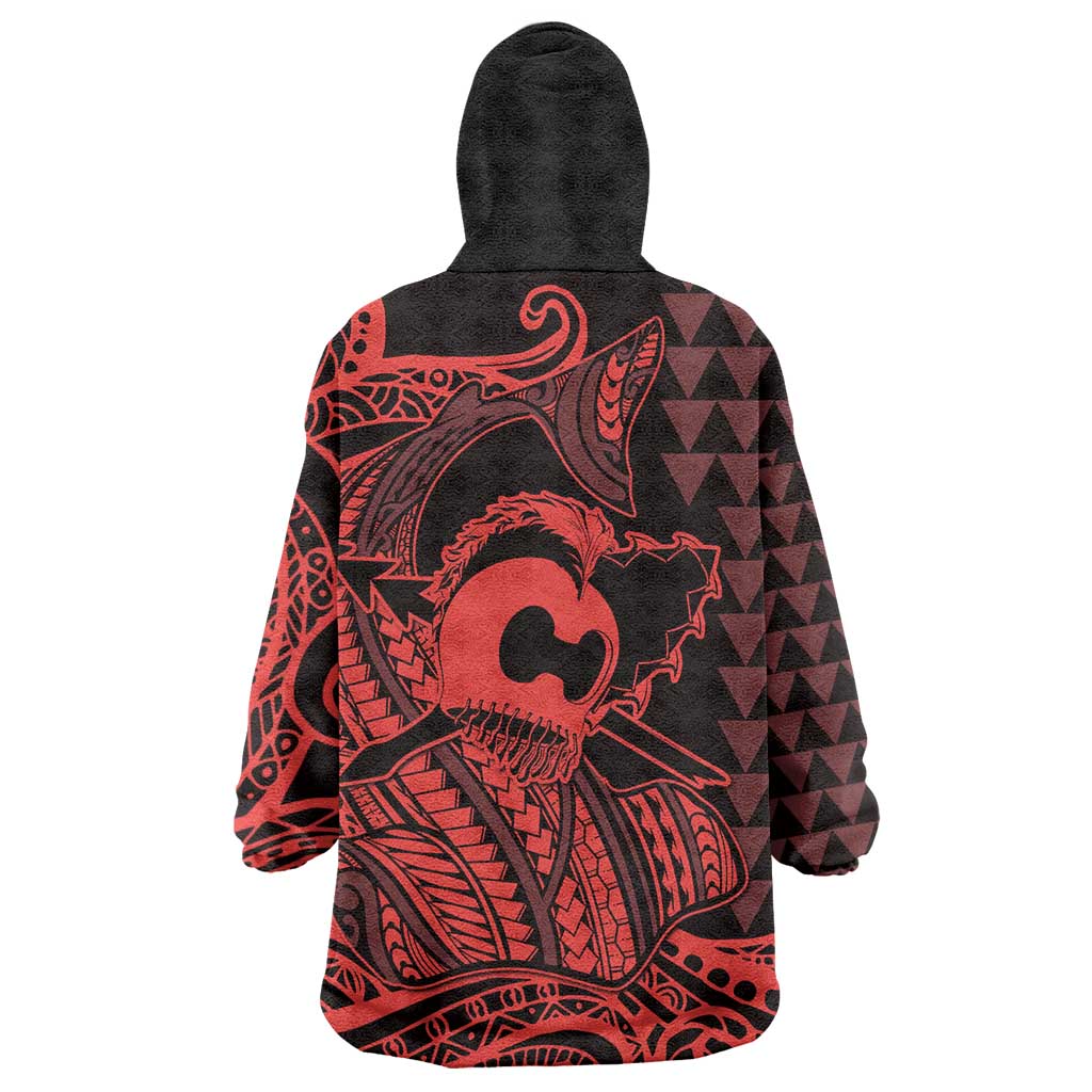 Koa Ikaika Warrior Helmet with Shark Wearable Blanket Hoodie Red Kakau Style LT9 - Polynesian Pride