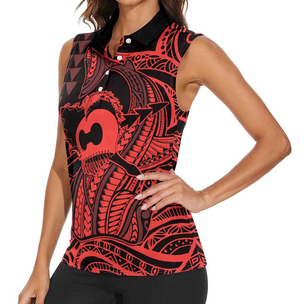 Koa Ikaika Warrior Helmet with Shark Women Sleeveless Polo Shirt Red Kakau Style