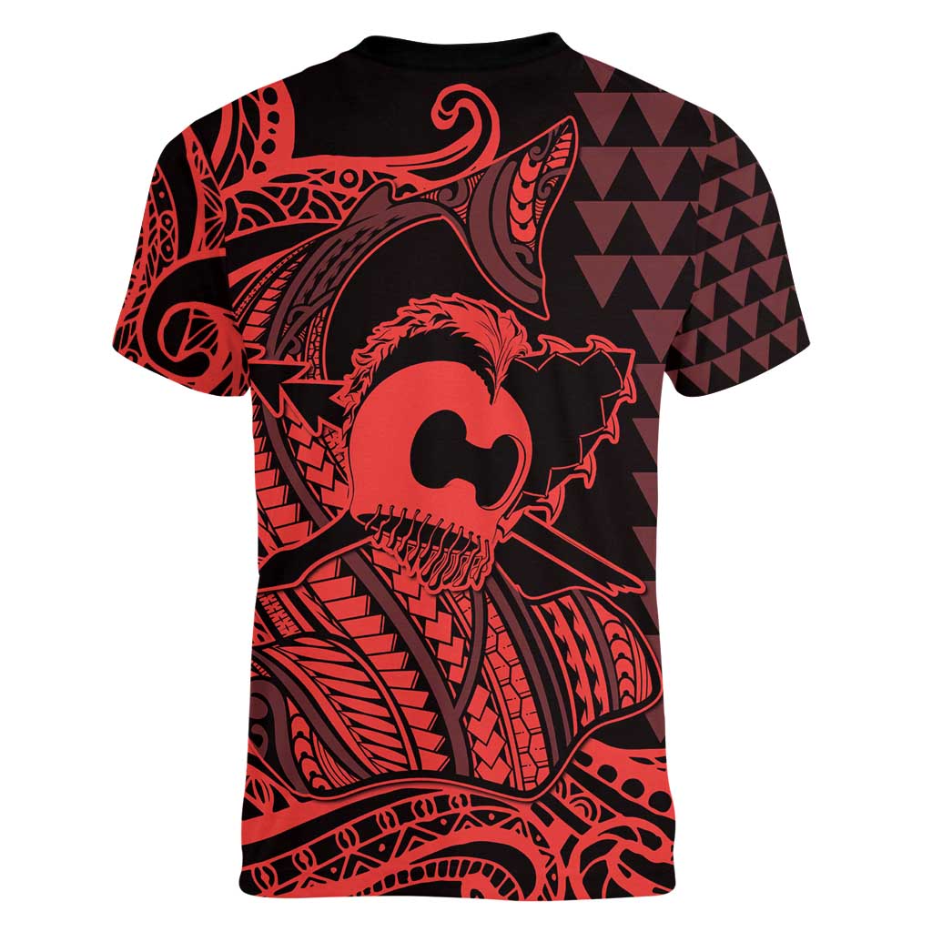 Koa Ikaika Warrior Helmet with Shark Women V-Neck T-Shirt Red Kakau Style LT9 - Polynesian Pride