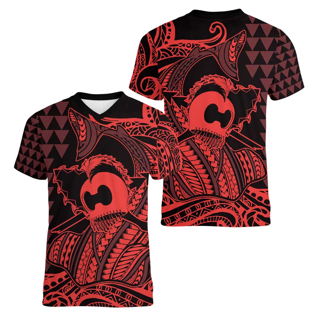 Koa Ikaika Warrior Helmet with Shark Women V-Neck T-Shirt Red Kakau Style LT9 - Polynesian Pride