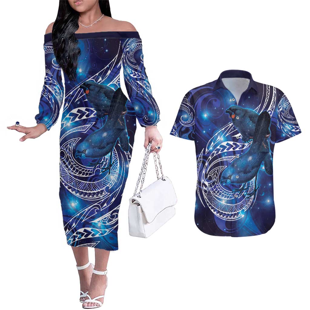 North Island Kokako and South Island Kokako Couples Matching Off The Shoulder Long Sleeve Dress and Hawaiian Shirt New Zealand Native Bird with Galaxy Vibe