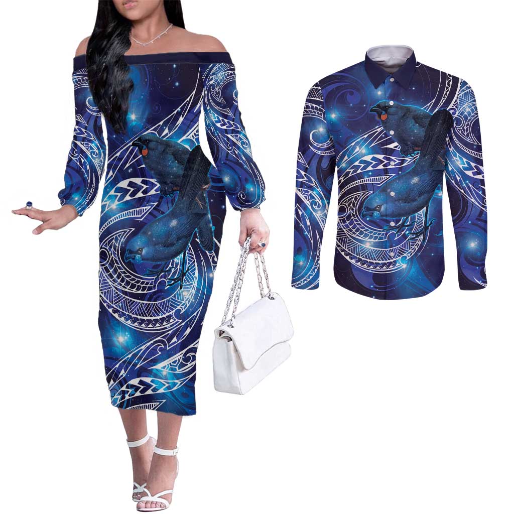 North Island Kokako and South Island Kokako Couples Matching Off The Shoulder Long Sleeve Dress and Long Sleeve Button Shirt New Zealand Native Bird with Galaxy Vibe LT9 Galaxy - Polynesian Pride