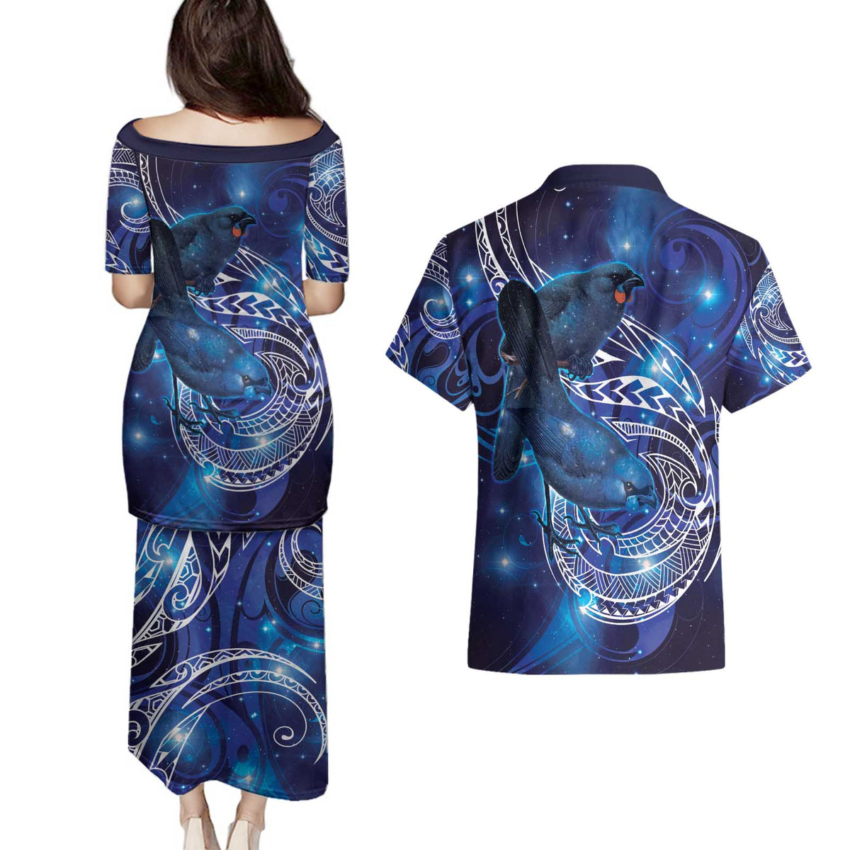 North Island Kokako and South Island Kokako Couples Matching Puletasi and Hawaiian Shirt New Zealand Native Bird with Galaxy Vibe