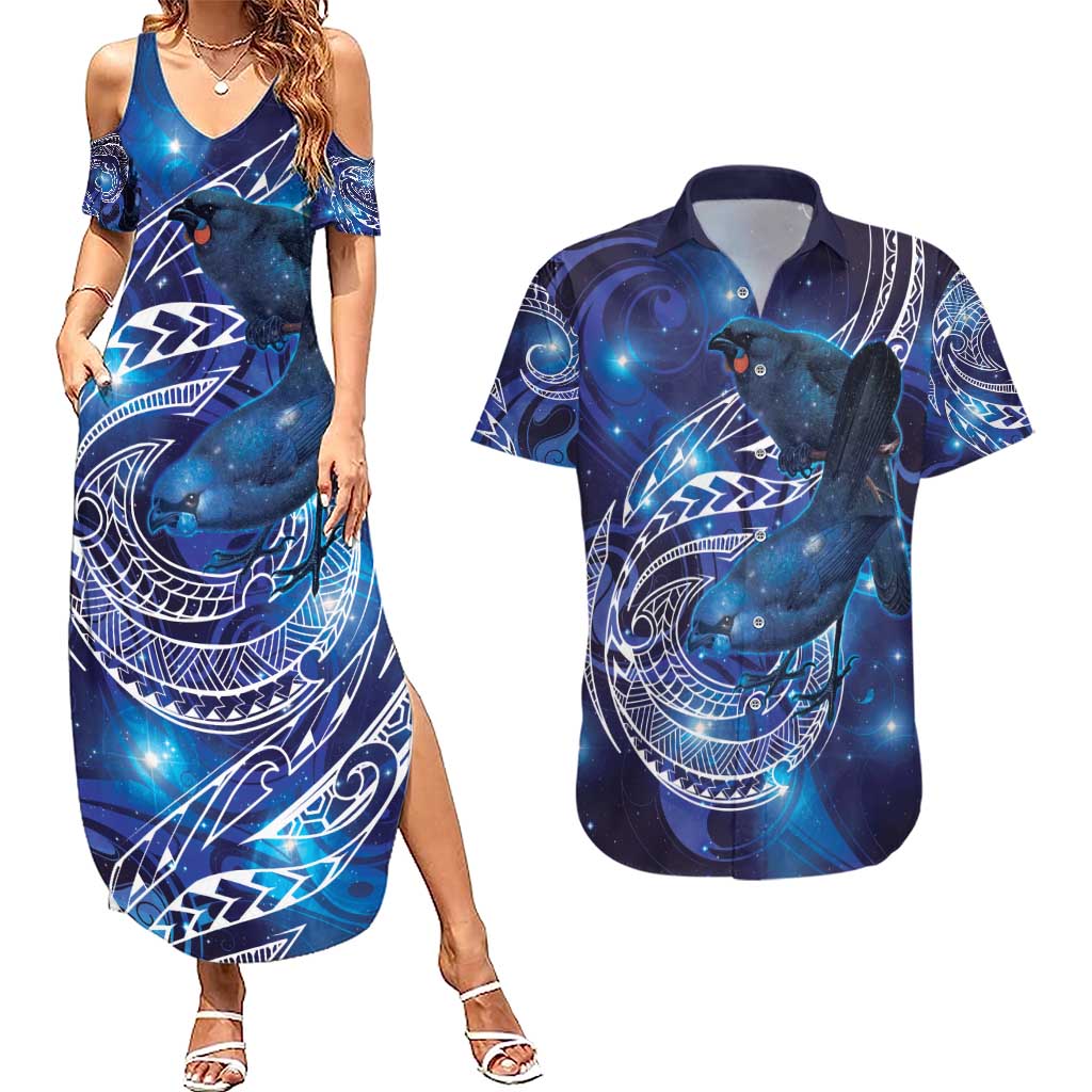 North Island Kokako and South Island Kokako Couples Matching Summer Maxi Dress and Hawaiian Shirt New Zealand Native Bird with Galaxy Vibe LT9 Galaxy - Polynesian Pride