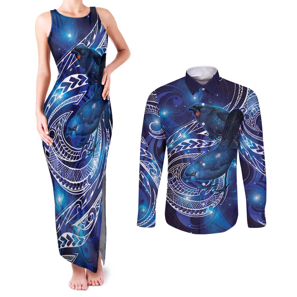 North Island Kokako and South Island Kokako Couples Matching Tank Maxi Dress and Long Sleeve Button Shirt New Zealand Native Bird with Galaxy Vibe LT9 Galaxy - Polynesian Pride
