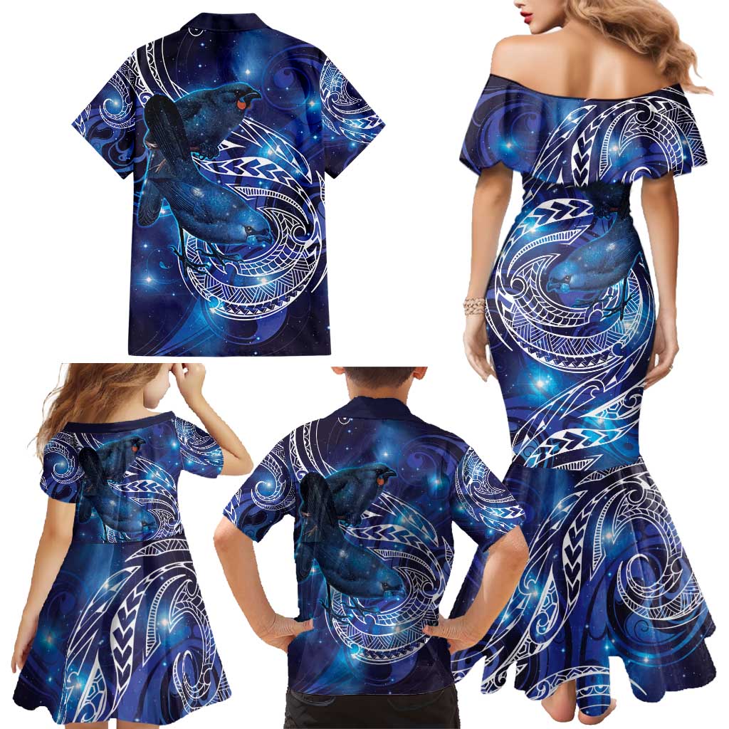 North Island Kokako and South Island Kokako Family Matching Mermaid Dress and Hawaiian Shirt New Zealand Native Bird with Galaxy Vibe