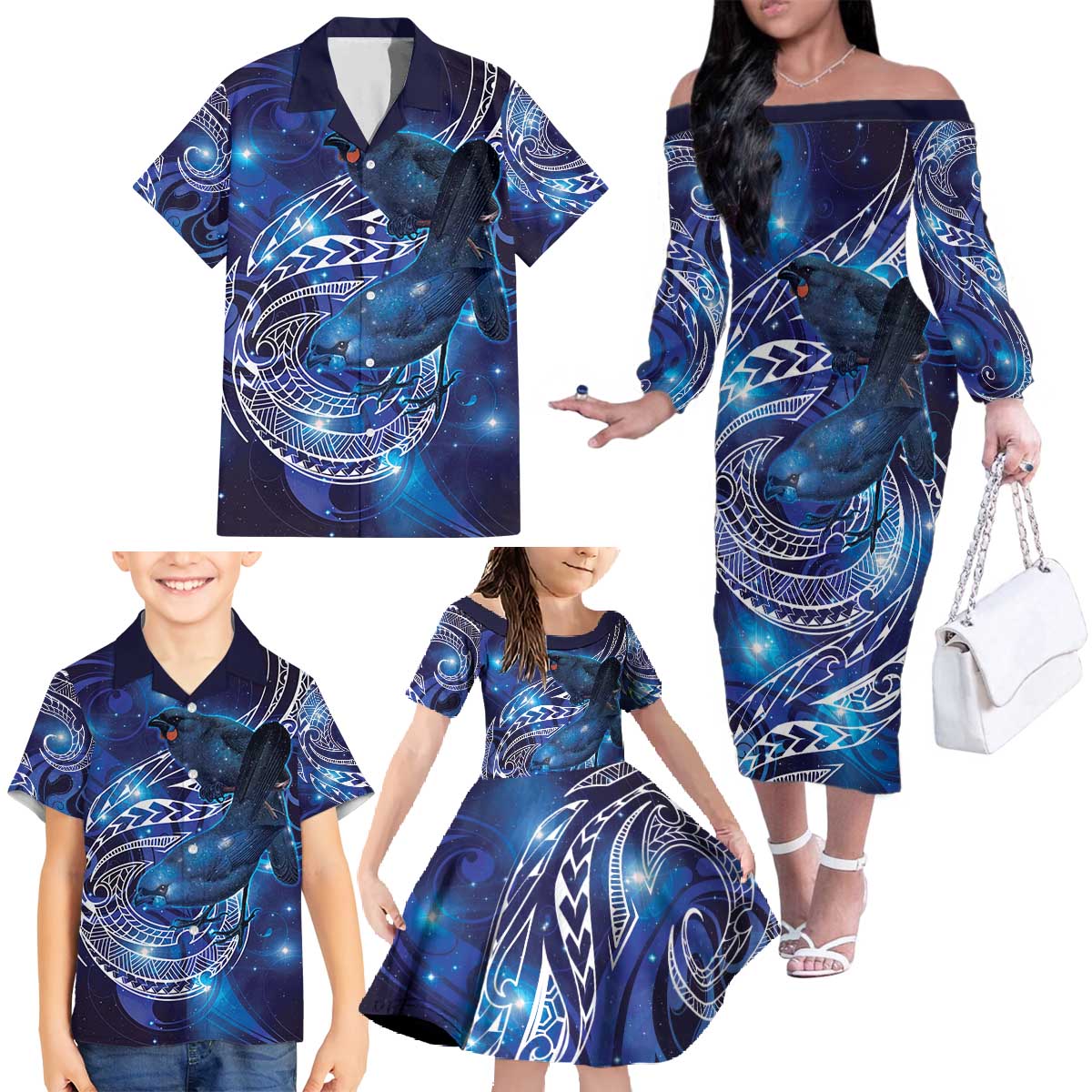 North Island Kokako and South Island Kokako Family Matching Off The Shoulder Long Sleeve Dress and Hawaiian Shirt New Zealand Native Bird with Galaxy Vibe