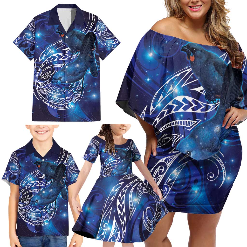 North Island Kokako and South Island Kokako Family Matching Off Shoulder Short Dress and Hawaiian Shirt New Zealand Native Bird with Galaxy Vibe