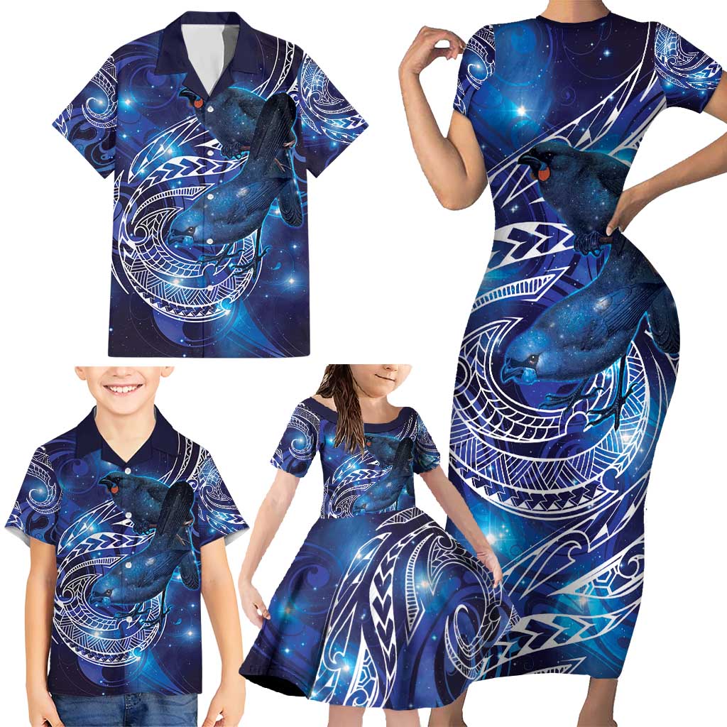 North Island Kokako and South Island Kokako Family Matching Short Sleeve Bodycon Dress and Hawaiian Shirt New Zealand Native Bird with Galaxy Vibe