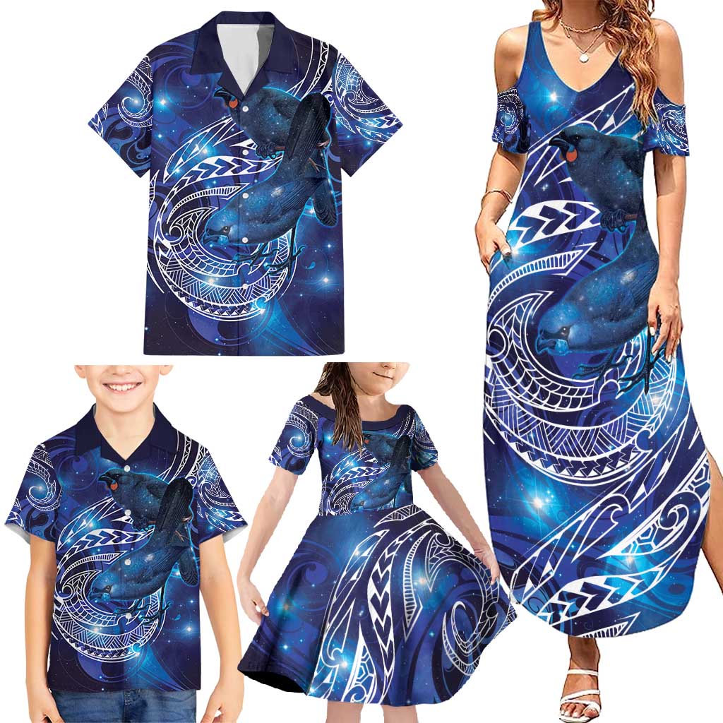 North Island Kokako and South Island Kokako Family Matching Summer Maxi Dress and Hawaiian Shirt New Zealand Native Bird with Galaxy Vibe