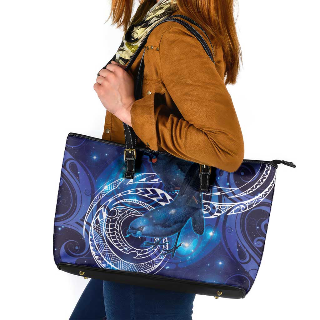 North Island Kokako and South Island Kokako Leather Tote Bag New Zealand Native Bird with Galaxy Vibe