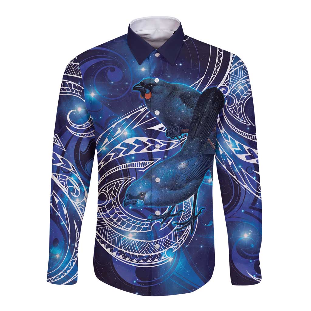 North Island Kokako and South Island Kokako Long Sleeve Button Shirt New Zealand Native Bird with Galaxy Vibe
