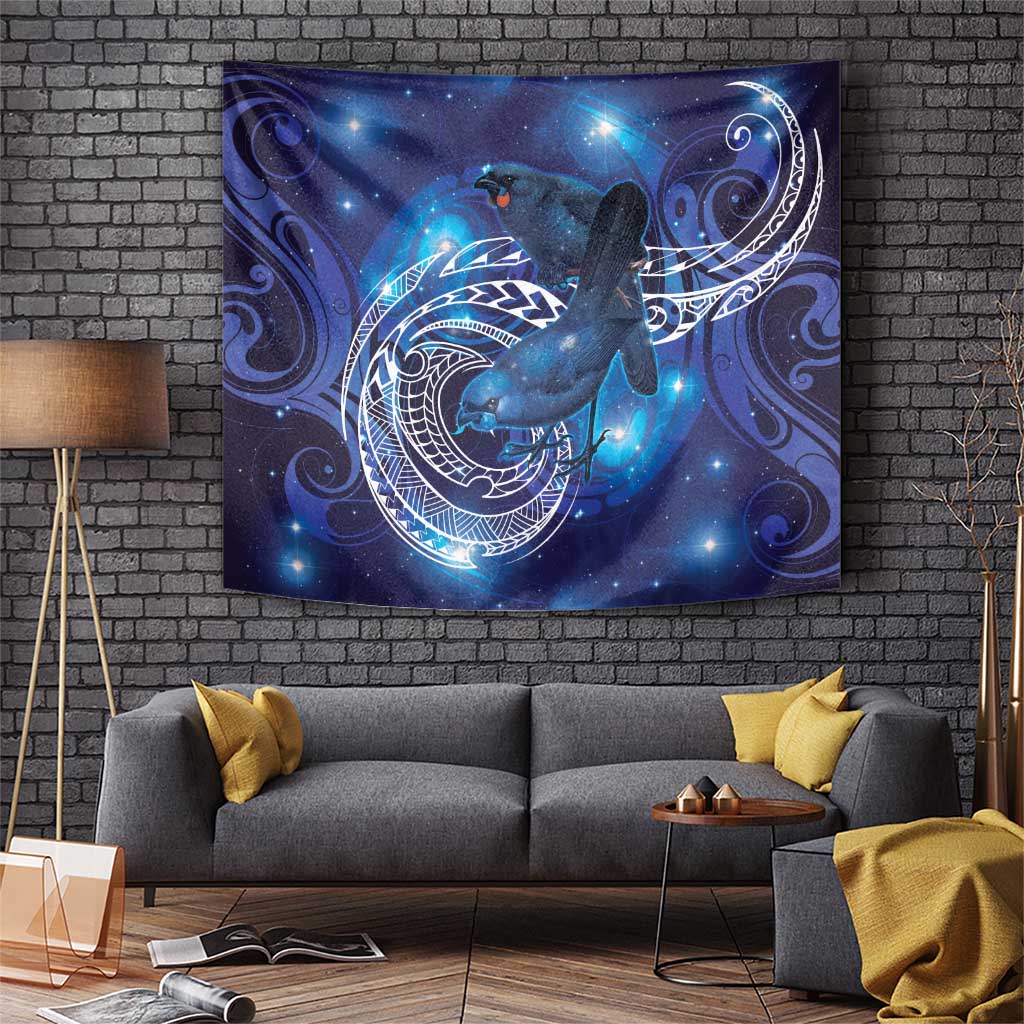 North Island Kokako and South Island Kokako Tapestry New Zealand Native Bird with Galaxy Vibe