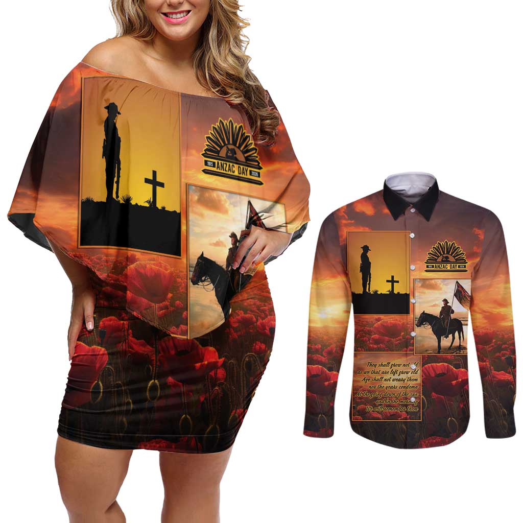 ANZAC Day Film Reel Lest We Forget Couples Matching Off Shoulder Short Dress and Long Sleeve Button Shirt Australia NZ Memorial LT9 Red - Polynesian Pride